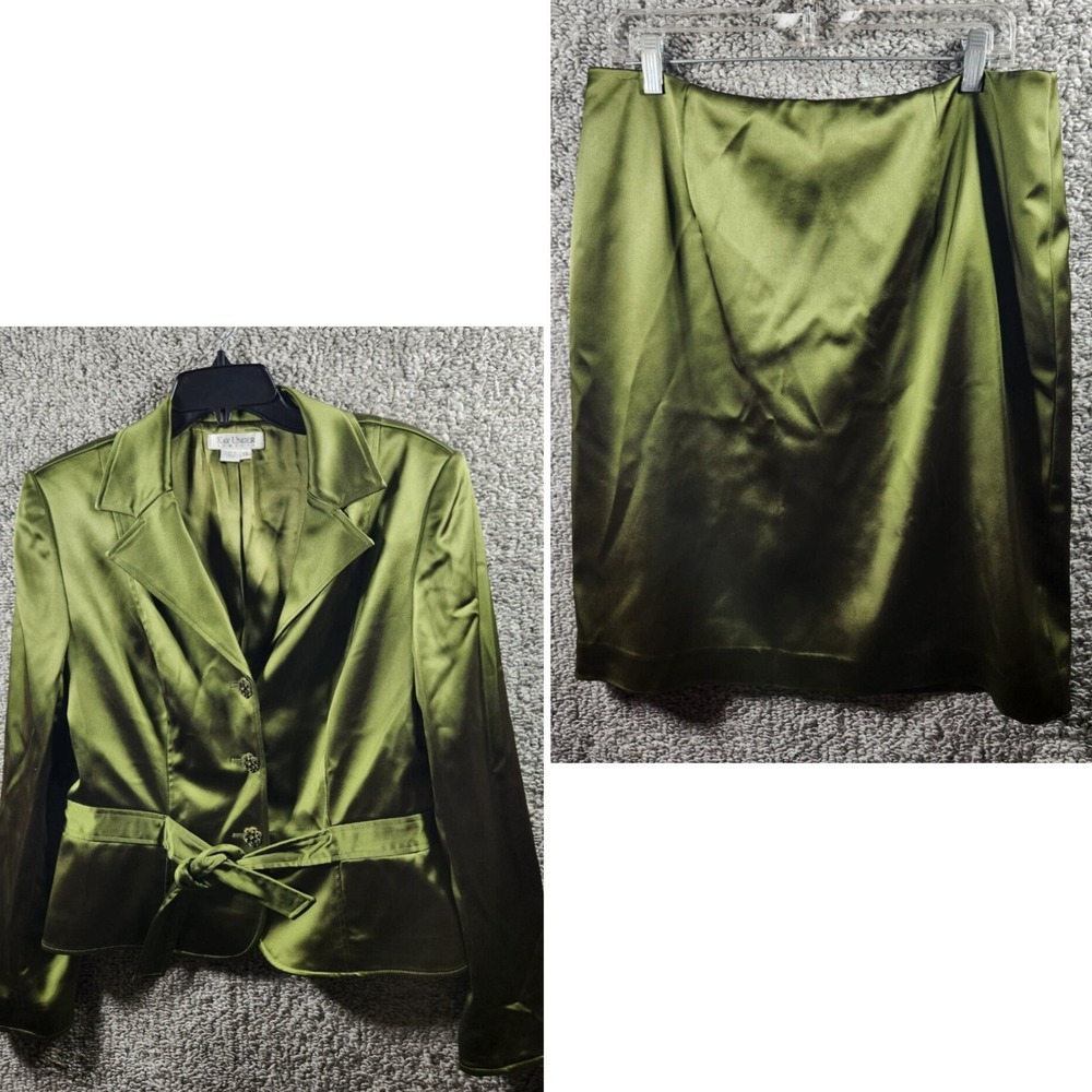 Kay Unger Skirt Suit Olive Green Satin Womens Size 14 Belted Blazer Pencil Skirt
